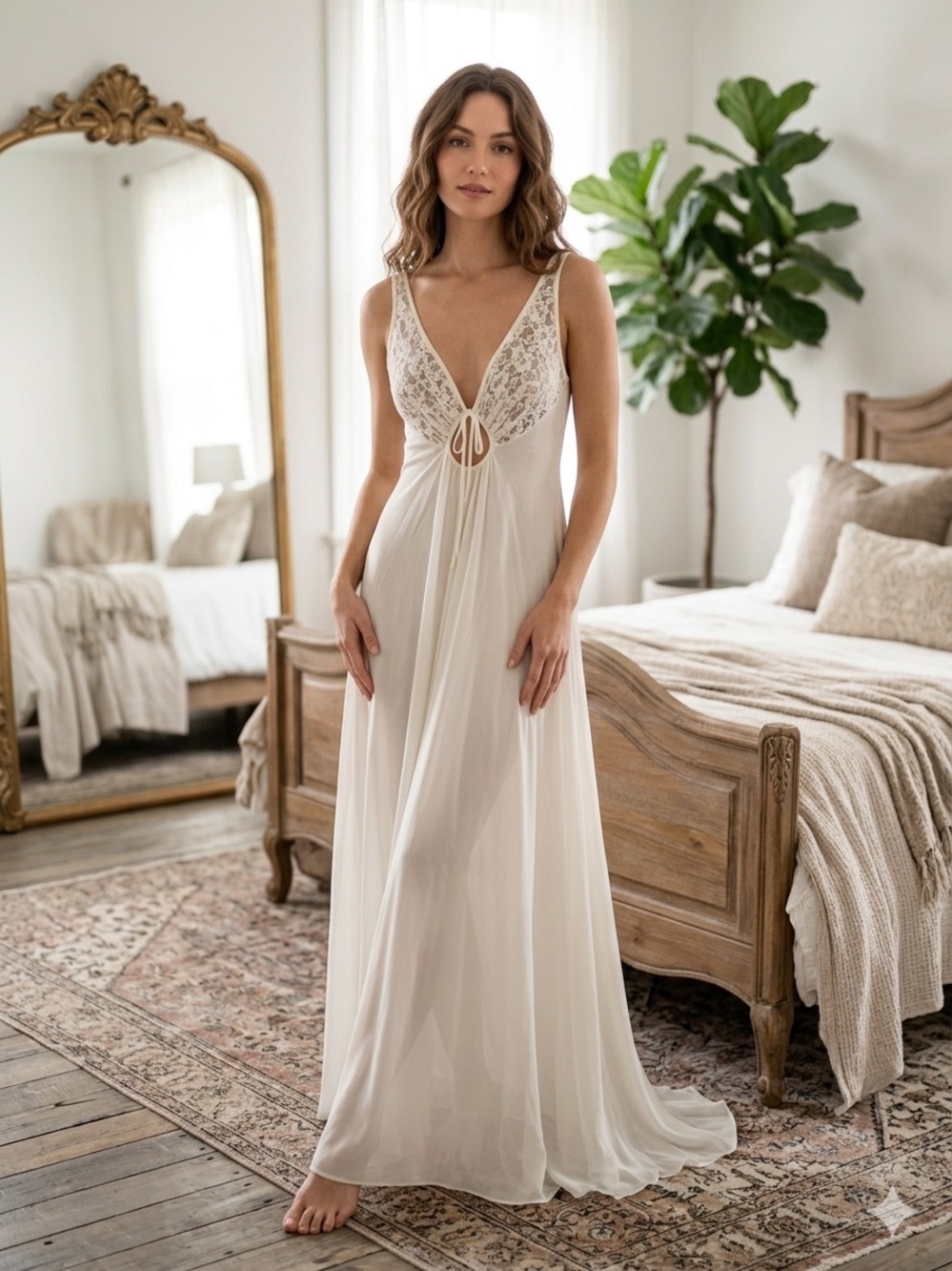 VTG Olga Bodysilk Full Sweep Maxi Nightgown plunge lace V-neck keyhole 32